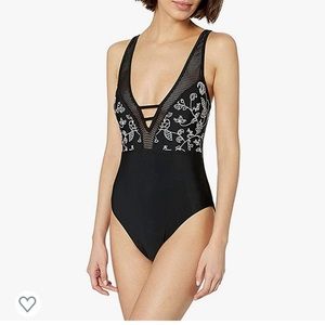 Lucky Brand Plunge Front One Piece Bathing Suit